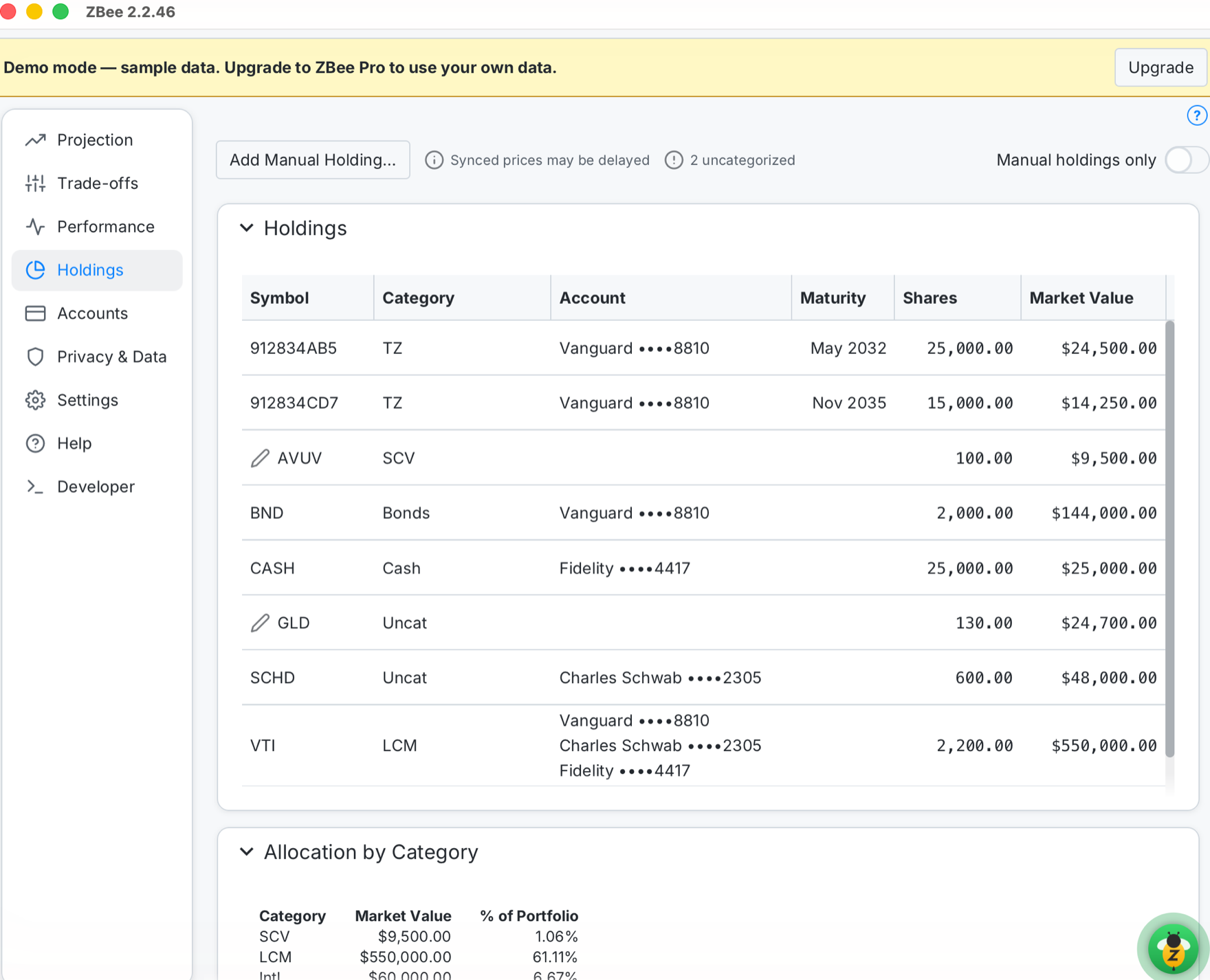 ZBee Holdings screen listing real positions with live market values and an allocation-by-category breakdown