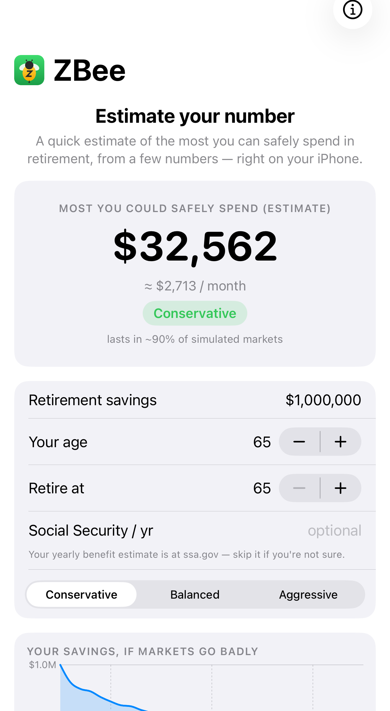 The ZBee iPhone app: a safe-spend estimate of $32,562 a year from $1,000,000 in savings at age 65, with inputs for savings, age, retirement age, and Social Security, and a caution setting.