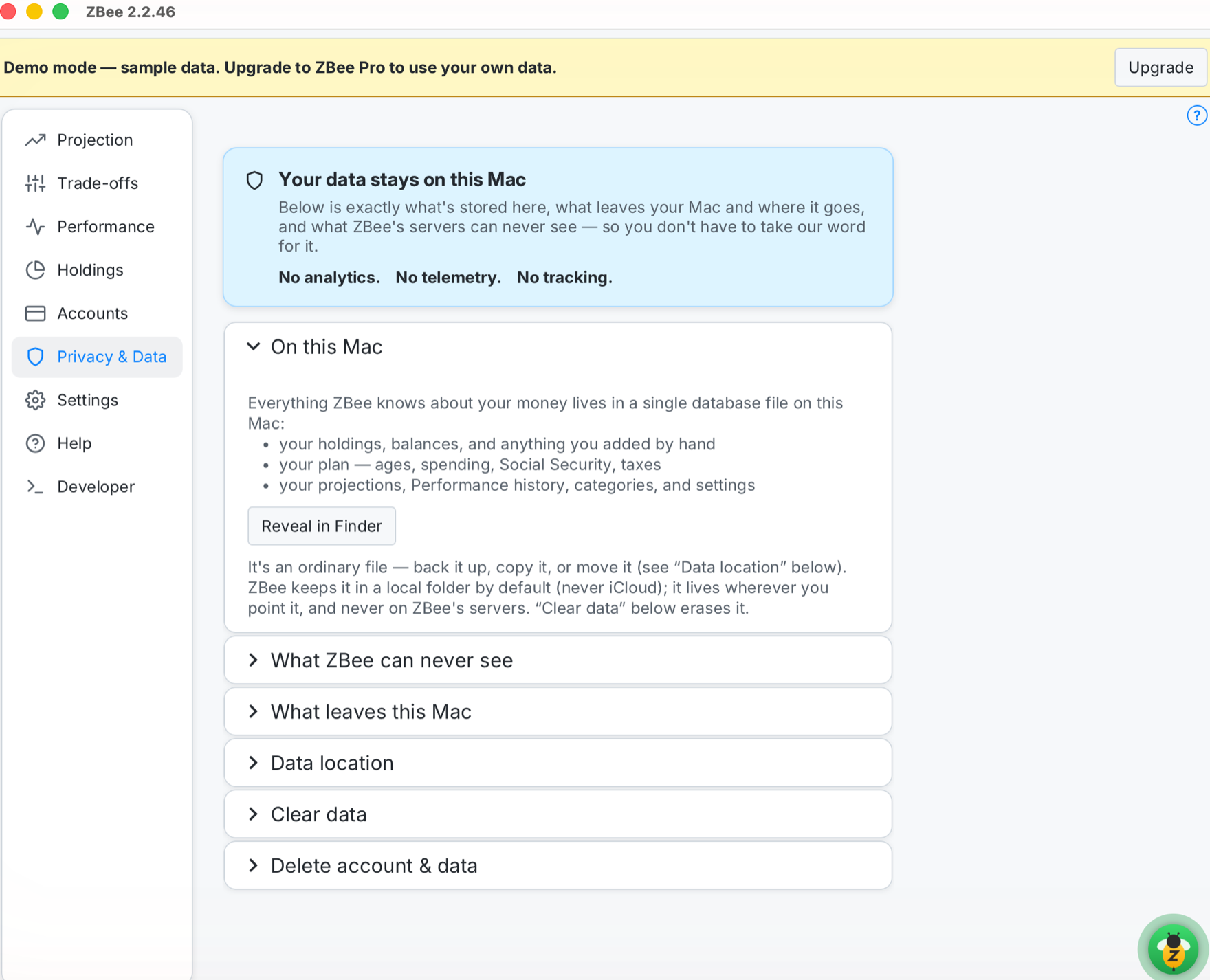 ZBee Privacy and Data screen showing data stays on the Mac, with no analytics, no telemetry, and no tracking