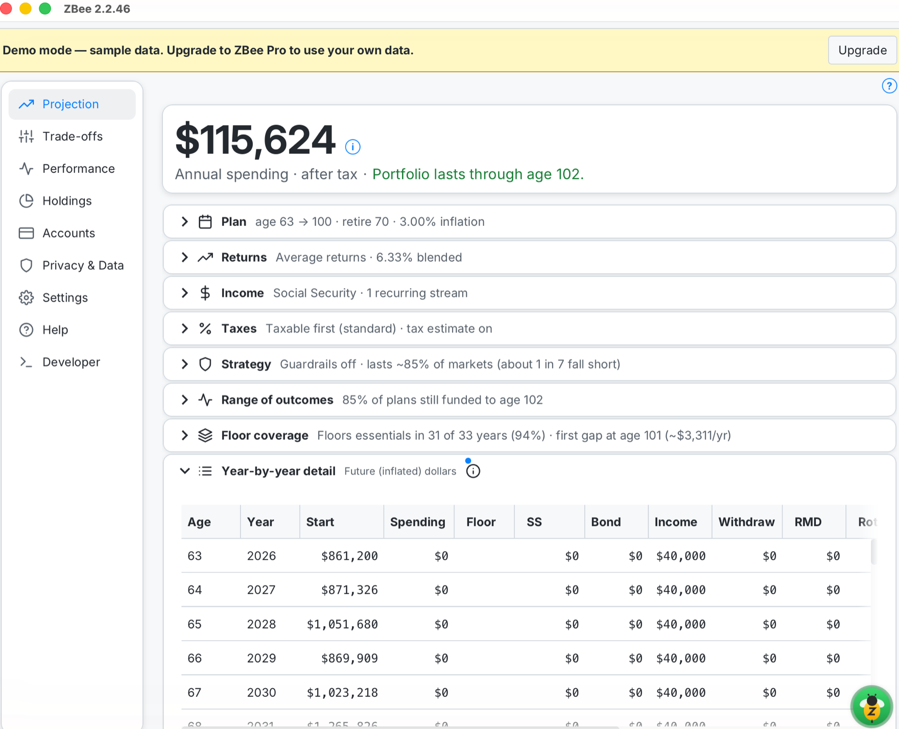 ZBee year-by-year detail table showing spending, Social Security, withdrawals, RMDs and tax for each year of retirement